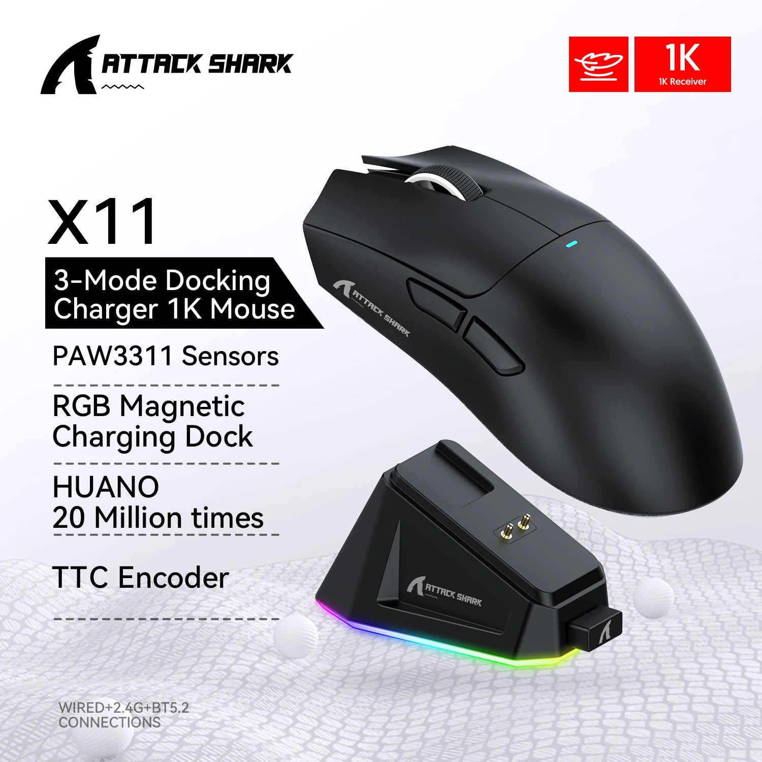 Attack Shark X11 Wireless Mouse, Bluetooth/2.4G/wired Tri-Mode Mouse, PAW3311 RGB Magnetic Charging Dock Gaming Mouse