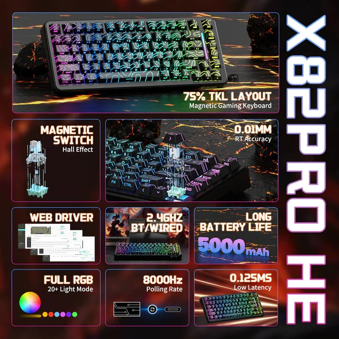 ATTACK SHARK X82PRO HE – Teclado Sem Fio 75% | Magnético | Rapid Trigger | RGB
