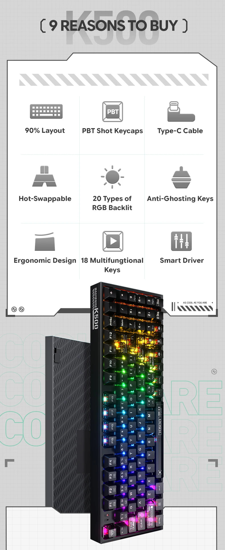 MACHENIKE K500-B94 – Teclado Mecânico 90% | 94 Teclas | Hot-Swap | RGB