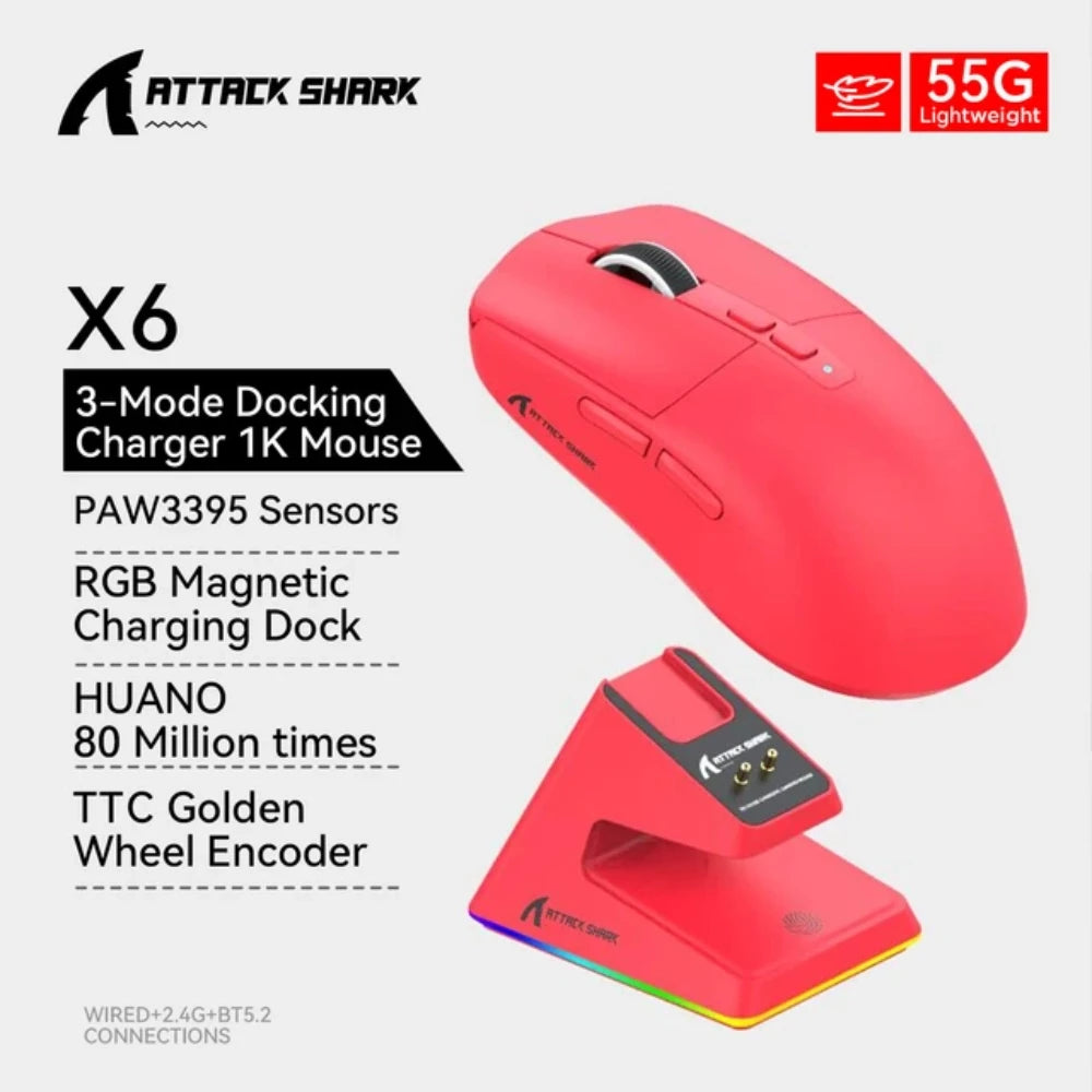 ATTACK SHARK X6 Tri-Mode Wireless Gaming Mouse, 55g Lightweight, PAW3395 Sensor, 26000 DPI,RGB Charging Dock,1000Hz Polling Rate
