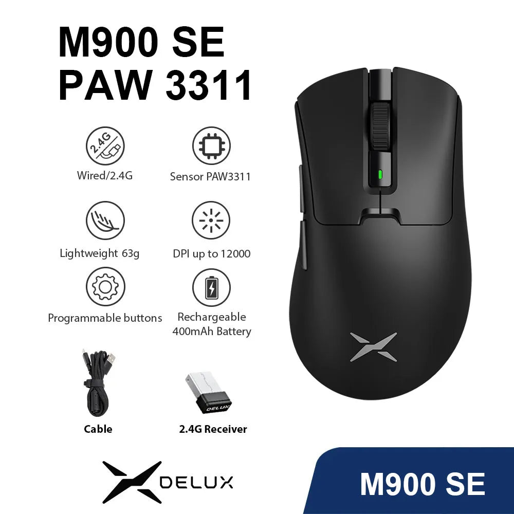 Delux M900 Wireless Gaming Mouse Ergonomic Mice PAW3311 12000DPI Lightweight 63g for Right Big Hands PC Laptop Gamer