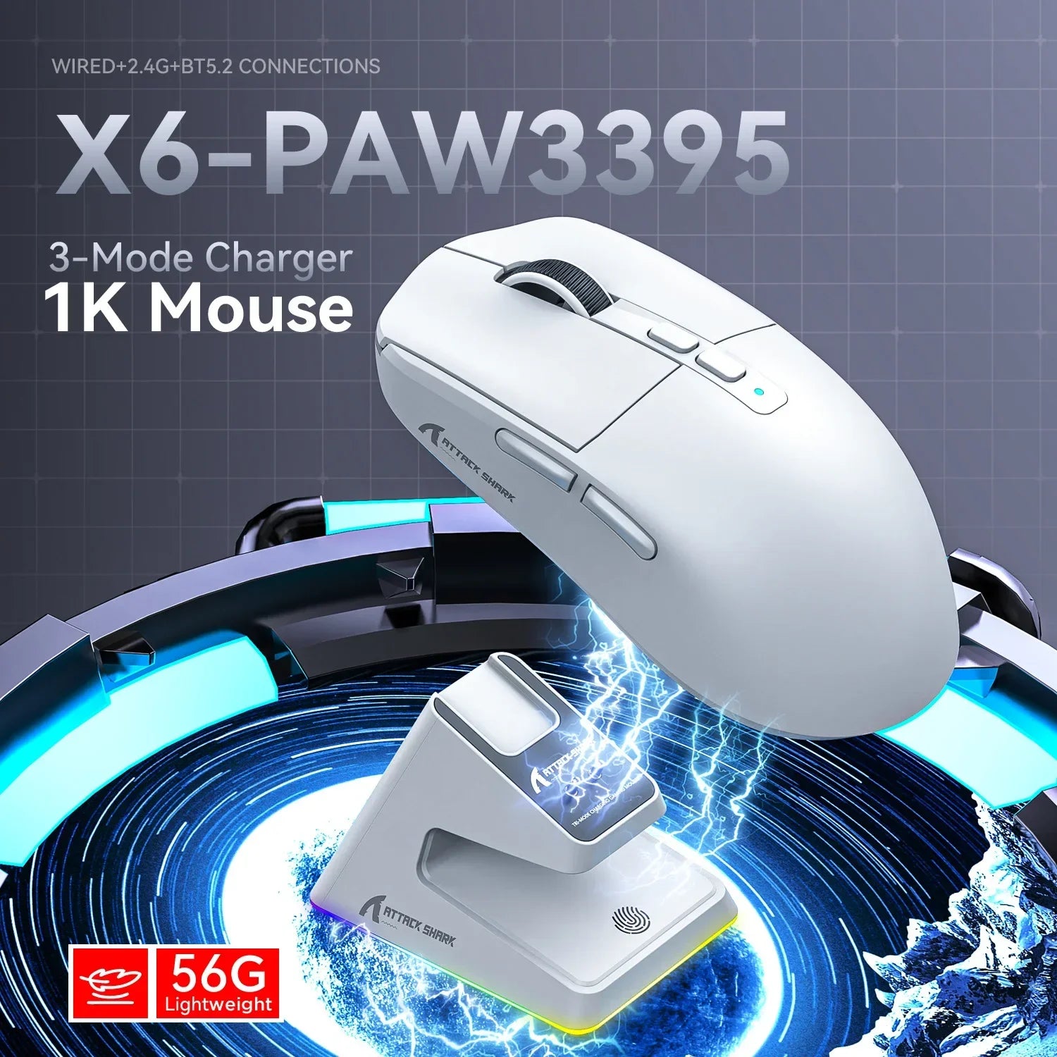 ATTACK SHARK X6 Tri-Mode Wireless Gaming Mouse, 55g Lightweight, PAW3395 Sensor, 26000 DPI,RGB Charging Dock,1000Hz Polling Rate
