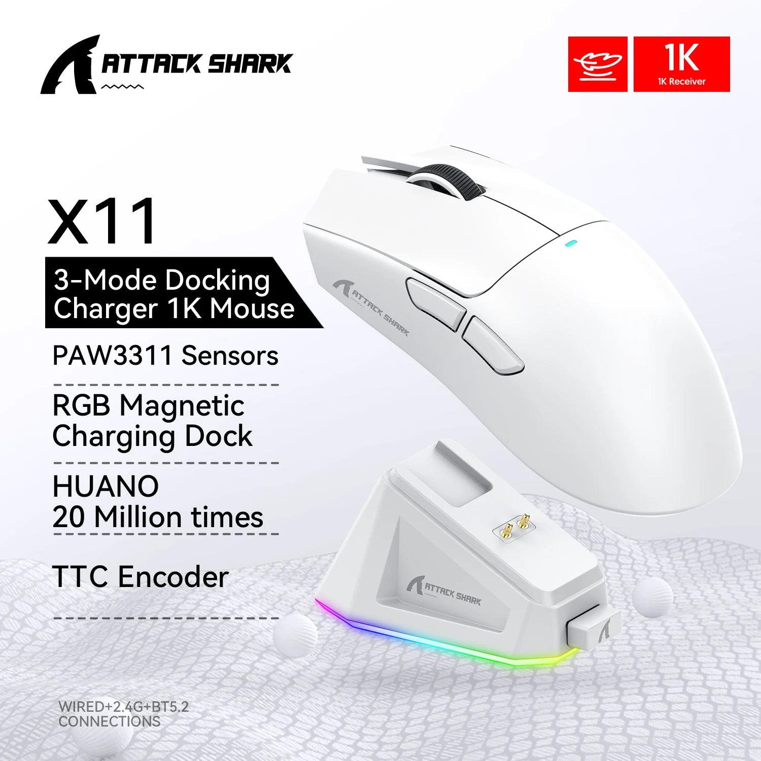 Attack Shark X11 Wireless Mouse, Bluetooth/2.4G/wired Tri-Mode Mouse, PAW3311 RGB Magnetic Charging Dock Gaming Mouse