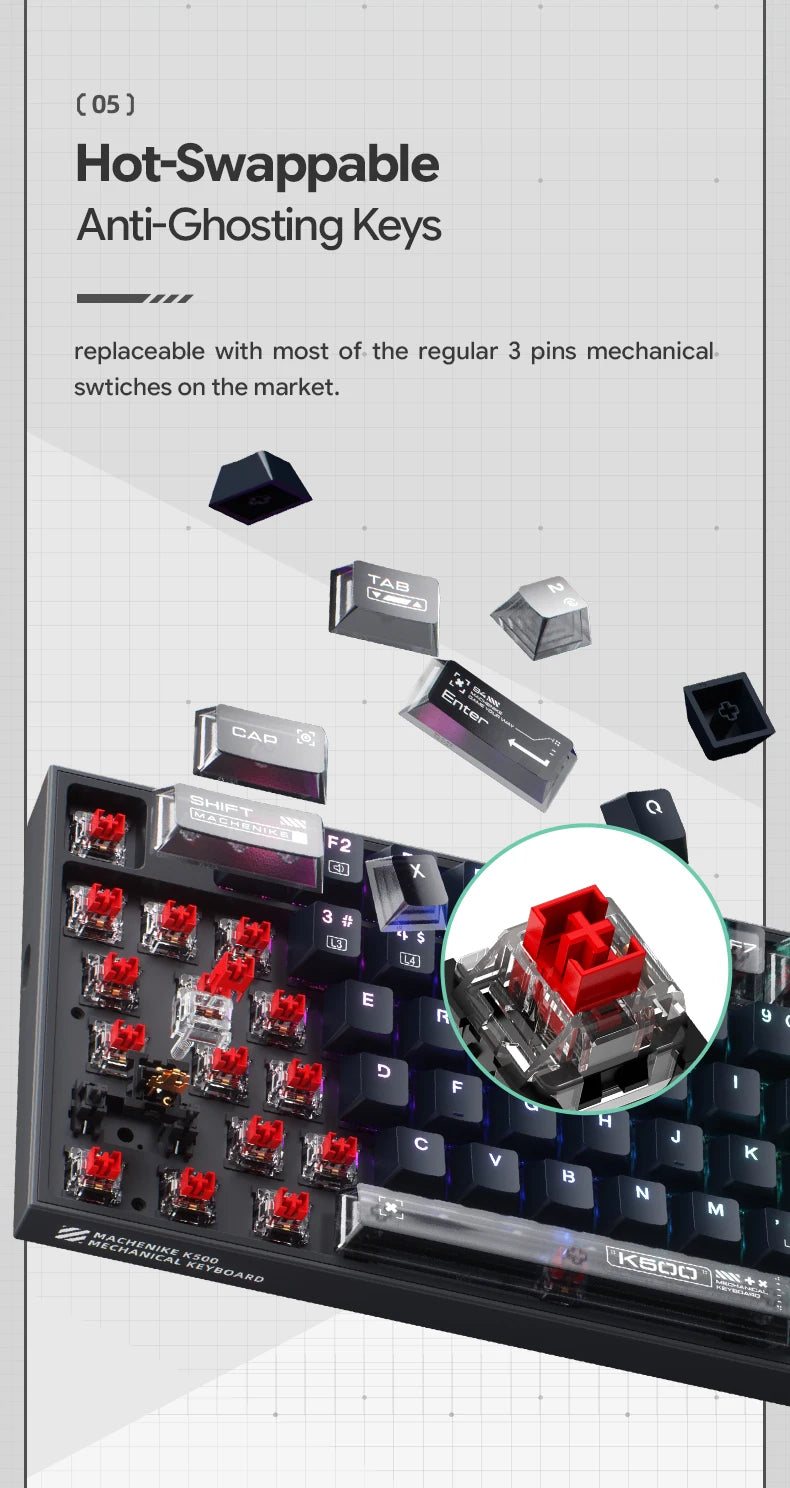 MACHENIKE K500-B94 – Teclado Mecânico 90% | 94 Teclas | Hot-Swap | RGB