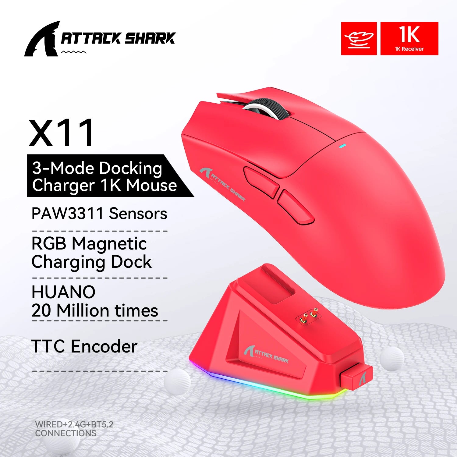 Attack Shark X11 Wireless Mouse, Bluetooth/2.4G/wired Tri-Mode Mouse, PAW3311 RGB Magnetic Charging Dock Gaming Mouse