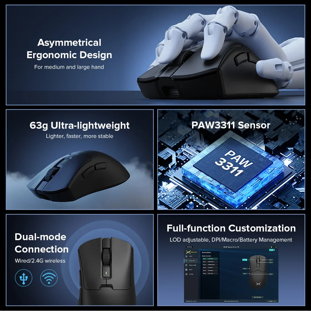 Delux M900 Wireless Gaming Mouse Ergonomic Mice PAW3311 12000DPI Lightweight 63g for Right Big Hands PC Laptop Gamer