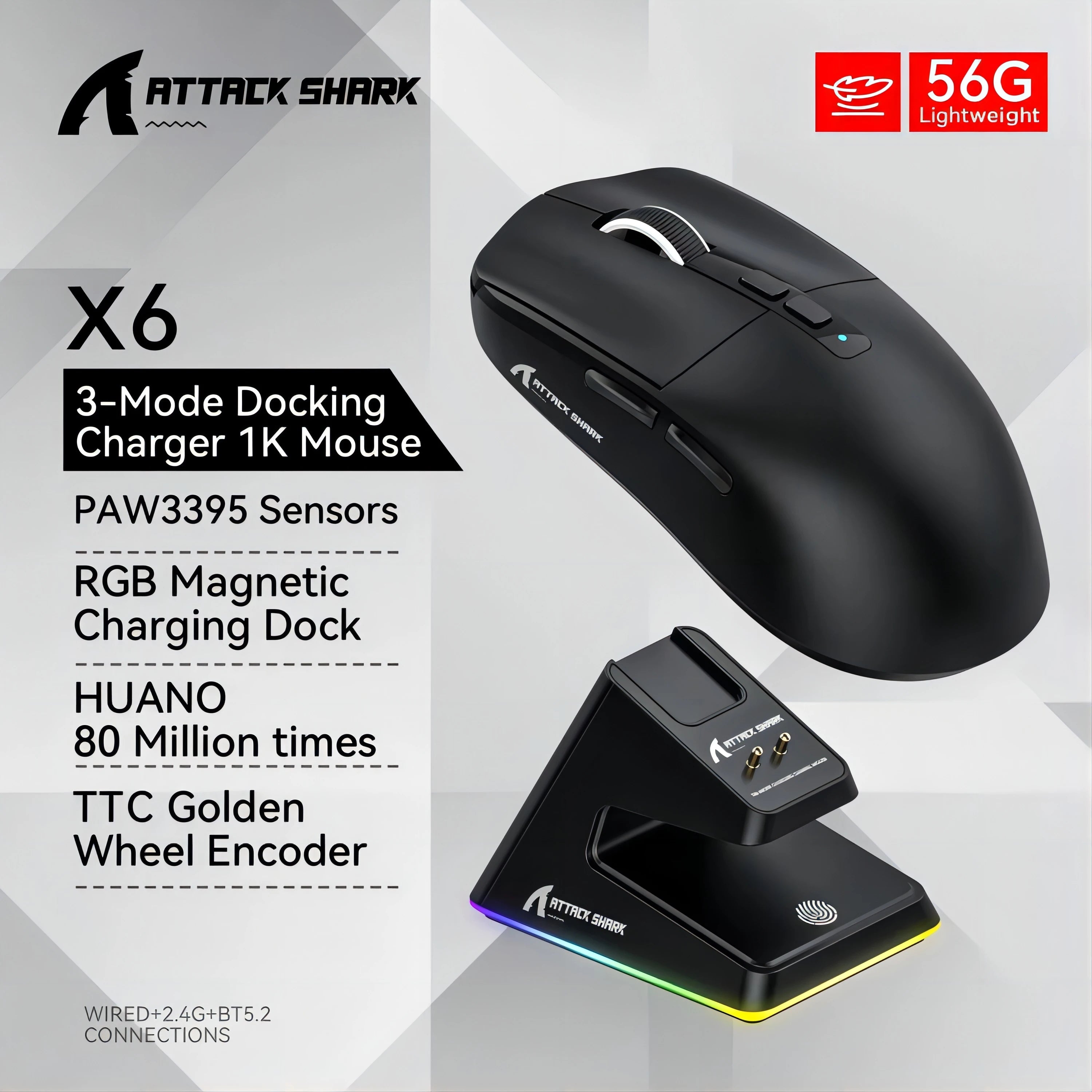 ATTACK SHARK X6 Tri-Mode Wireless Gaming Mouse, 55g Lightweight, PAW3395 Sensor, 26000 DPI,RGB Charging Dock,1000Hz Polling Rate