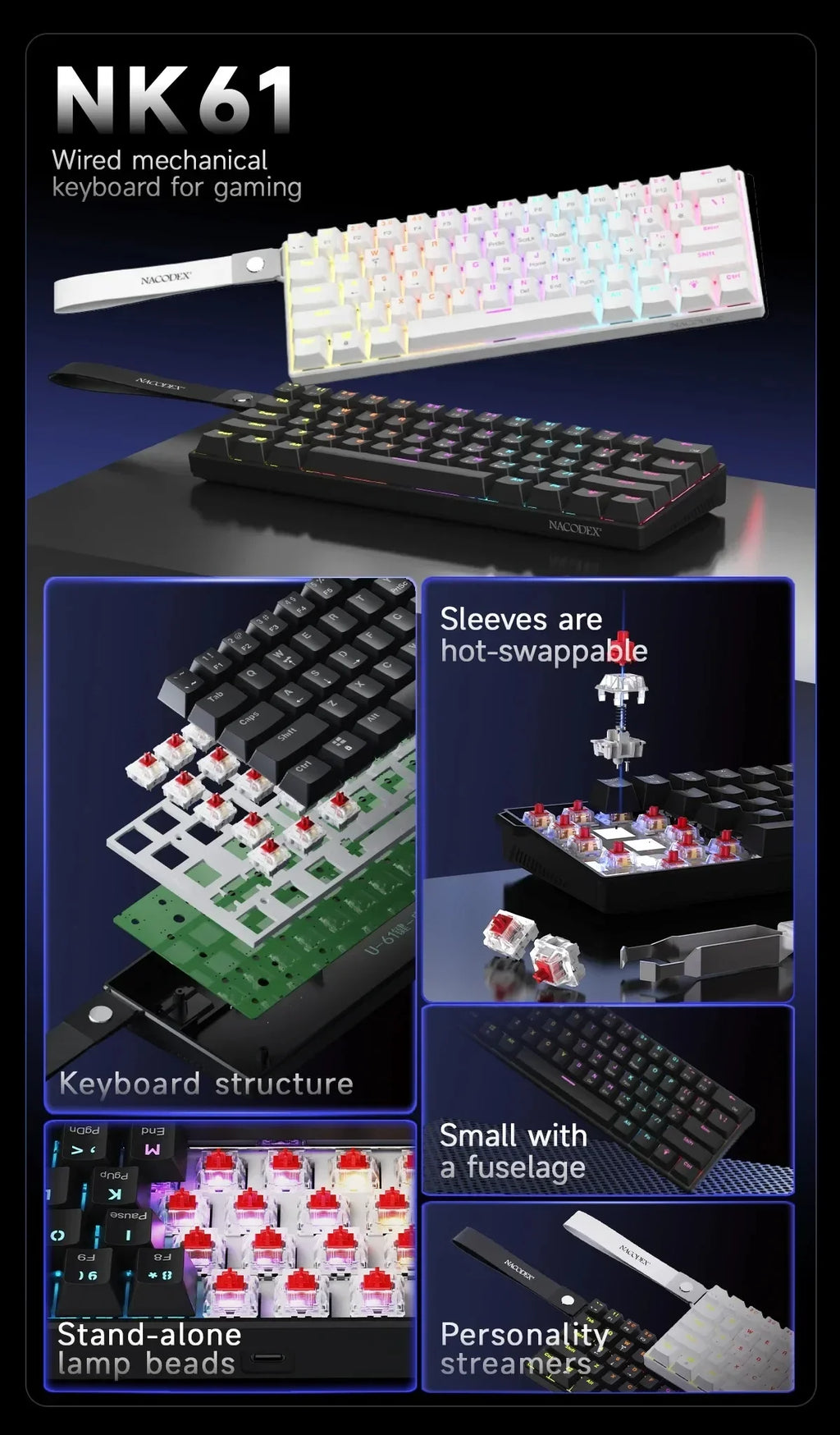 AJAZZ NK61 – Teclado Mecânico 60% | 61 Teclas | Hot-Swap | RGB