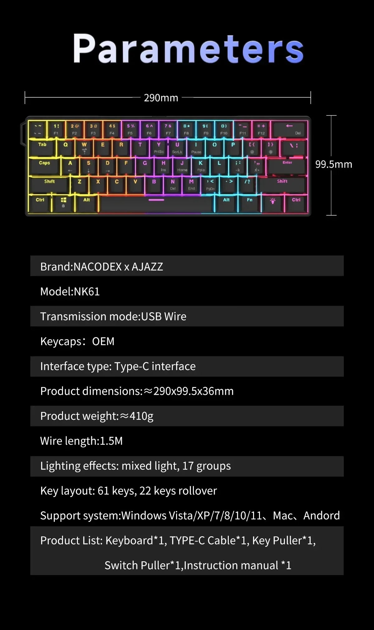 AJAZZ NK61 – Teclado Mecânico 60% | 61 Teclas | Hot-Swap | RGB