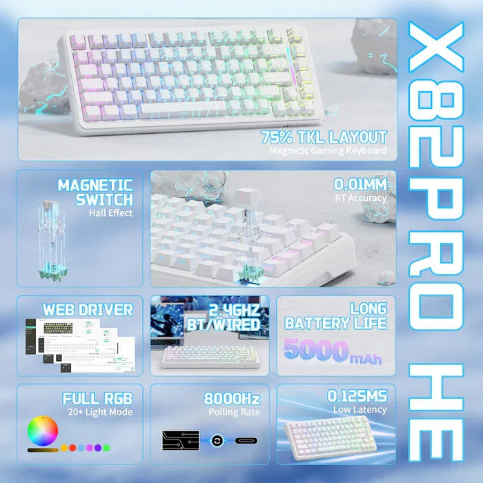 ATTACK SHARK X82PRO HE – Teclado Sem Fio 75% | Magnético | Rapid Trigger | RGB