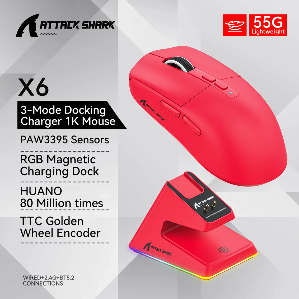 ATTACK SHARK X6 Tri-Mode Wireless Gaming Mouse, 55g Lightweight, PAW3395 Sensor, 26000 DPI,RGB Charging Dock,1000Hz Polling Rate