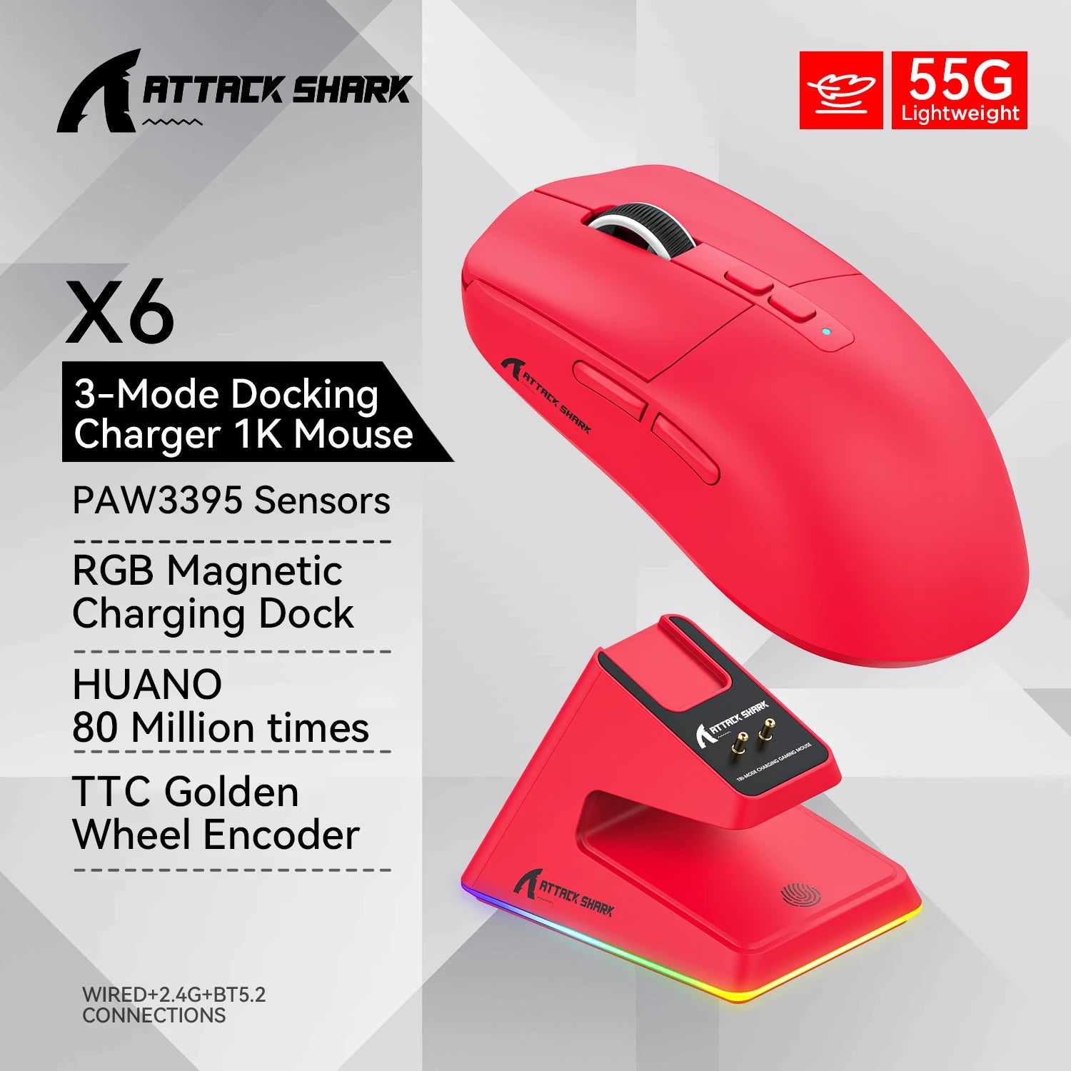 ATTACK SHARK X6 Tri-Mode Wireless Gaming Mouse, 55g Lightweight, PAW3395 Sensor, 26000 DPI,RGB Charging Dock,1000Hz Polling Rate
