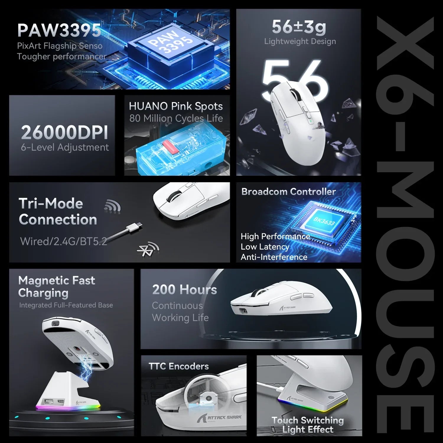 ATTACK SHARK X6 Tri-Mode Wireless Gaming Mouse, 55g Lightweight, PAW3395 Sensor, 26000 DPI,RGB Charging Dock,1000Hz Polling Rate