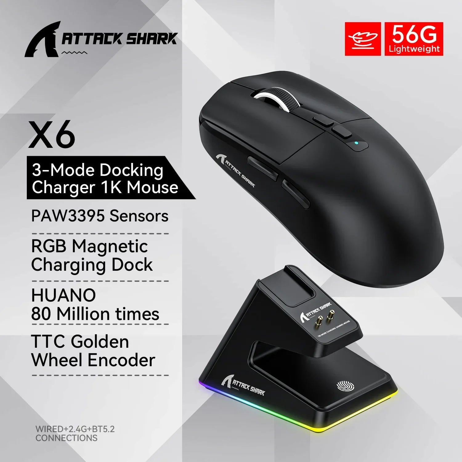 ATTACK SHARK X6 Tri-Mode Wireless Gaming Mouse, 55g Lightweight, PAW3395 Sensor, 26000 DPI,RGB Charging Dock,1000Hz Polling Rate