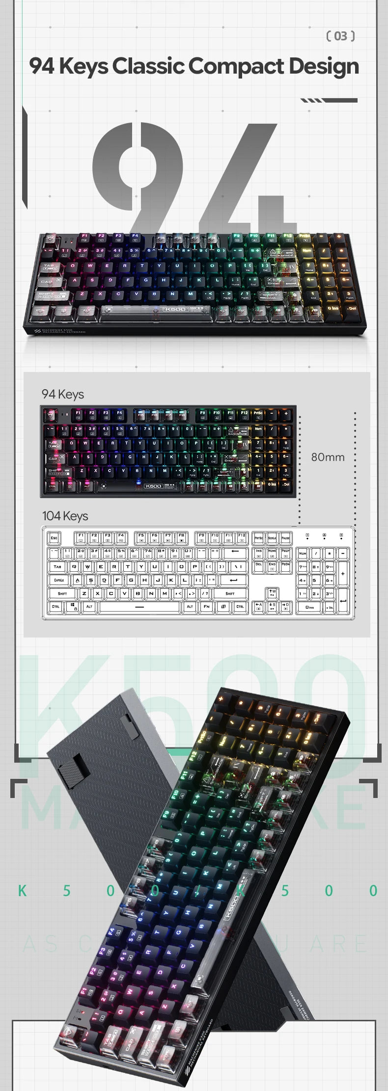 MACHENIKE K500-B94 – Teclado Mecânico 90% | 94 Teclas | Hot-Swap | RGB