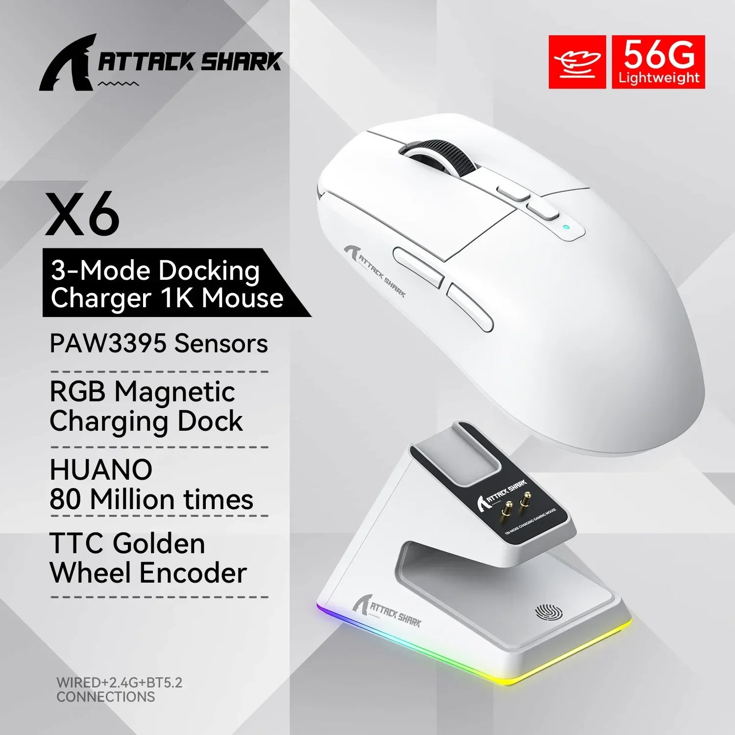 ATTACK SHARK X6 Tri-Mode Wireless Gaming Mouse, 55g Lightweight, PAW3395 Sensor, 26000 DPI,RGB Charging Dock,1000Hz Polling Rate