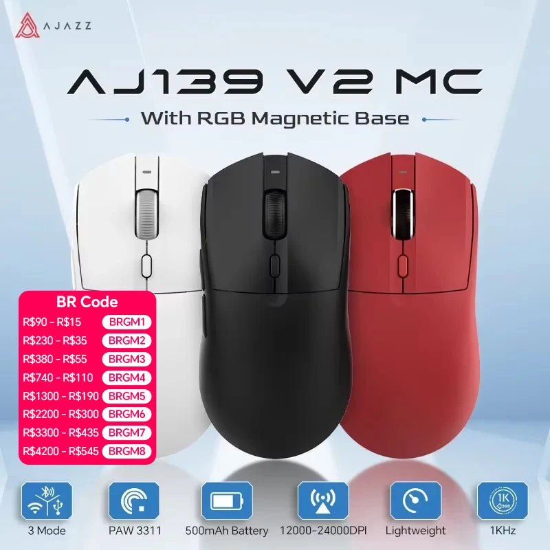 AJAZZ AJ139 V2 MC PAW3311 Wireless Gaming Mouse with RGB Magnetic Charging Base 24000DPI Bluetooth/Wired Mice,PC Gamer