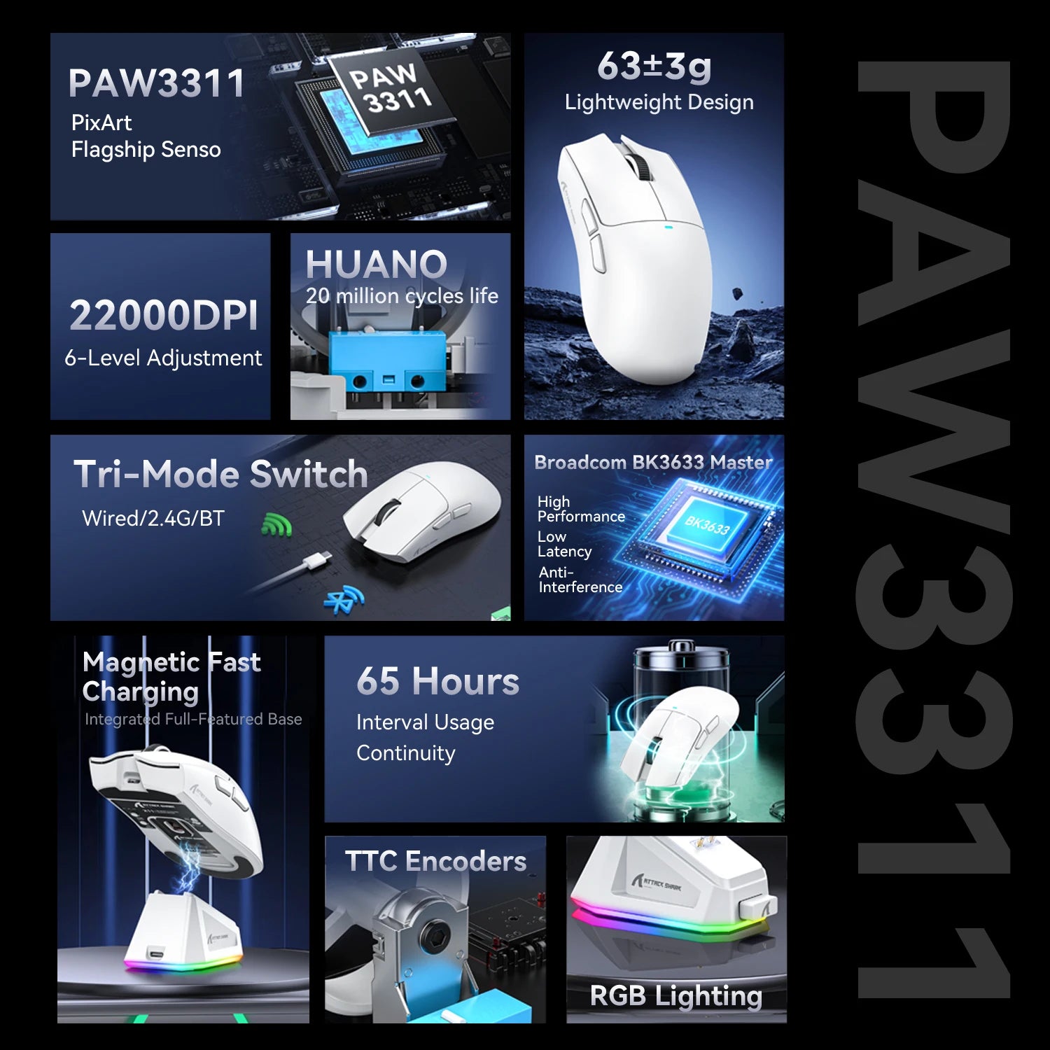 Attack Shark X11 Wireless Mouse, Bluetooth/2.4G/wired Tri-Mode Mouse, PAW3311 RGB Magnetic Charging Dock Gaming Mouse