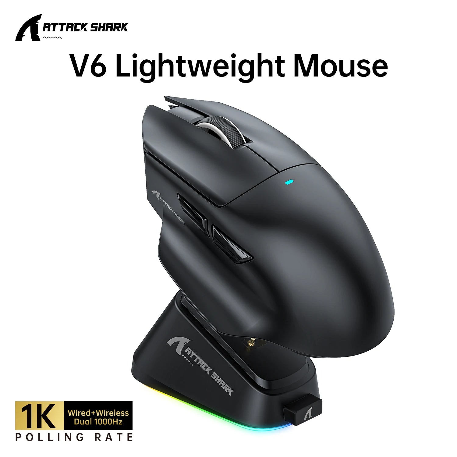 ATTACK SHARK V6 Macro Gaming Mouse,Tri-Mode Connection,25KDPI,Touch Magnetic Charging Base, Wireless Mouse