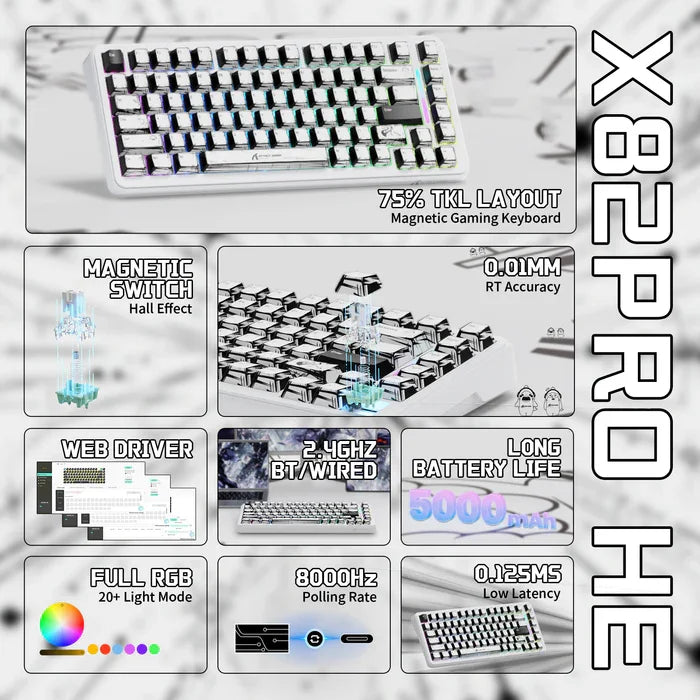 ATTACK SHARK X82PRO HE – Teclado Sem Fio 75% | Magnético | Rapid Trigger | RGB